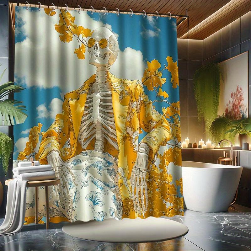 Fantasy Skeleton Bath Curtain, Whimsical Art, 12 Hooks, Water-Resistant, Fashion Outfit Design, Modern Bath Decor