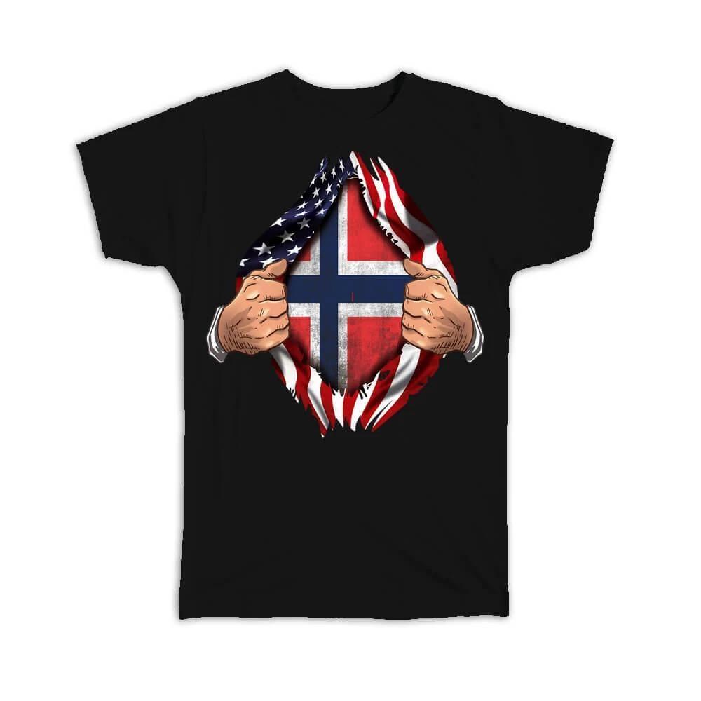 Gift T-Shirt : Norway Flag USA American Chest Norwegian Expat Country XL