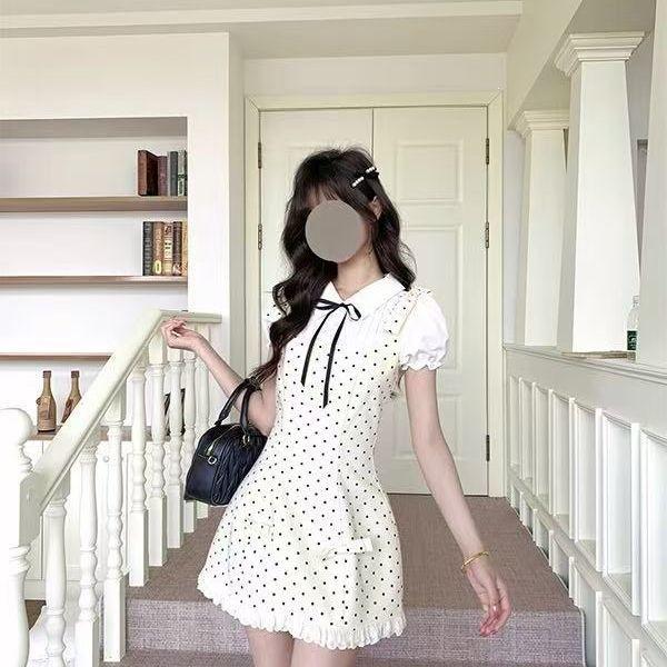 French daughter wind fake two-piece polka dot dress 2026 summer short skirt new sweet bow slim skirt S
