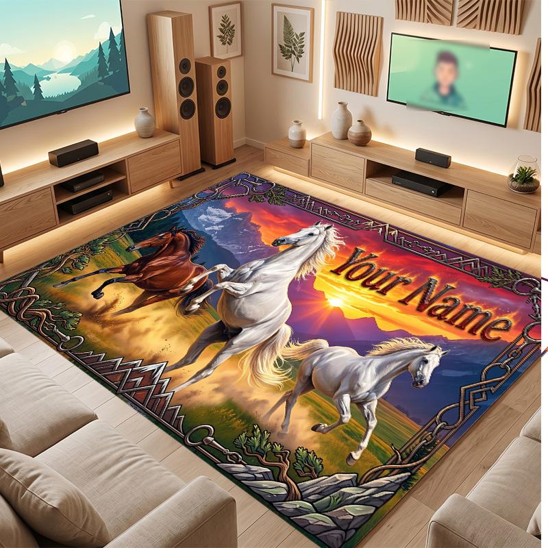 Horse Theme Soft Crystal Velvet Rug Custom Name & Text Print Non Slip Floor Rug for Bedroom Living Room