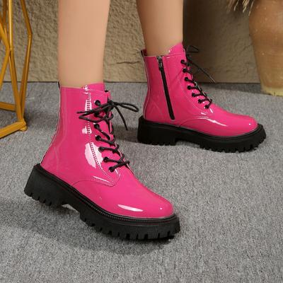 Fashion Woman Ankle Boots Square Heel Comfortable Shoes Thick Heels Zipper Short Booties Patent Leather Platform Motorcycle Boots Woman