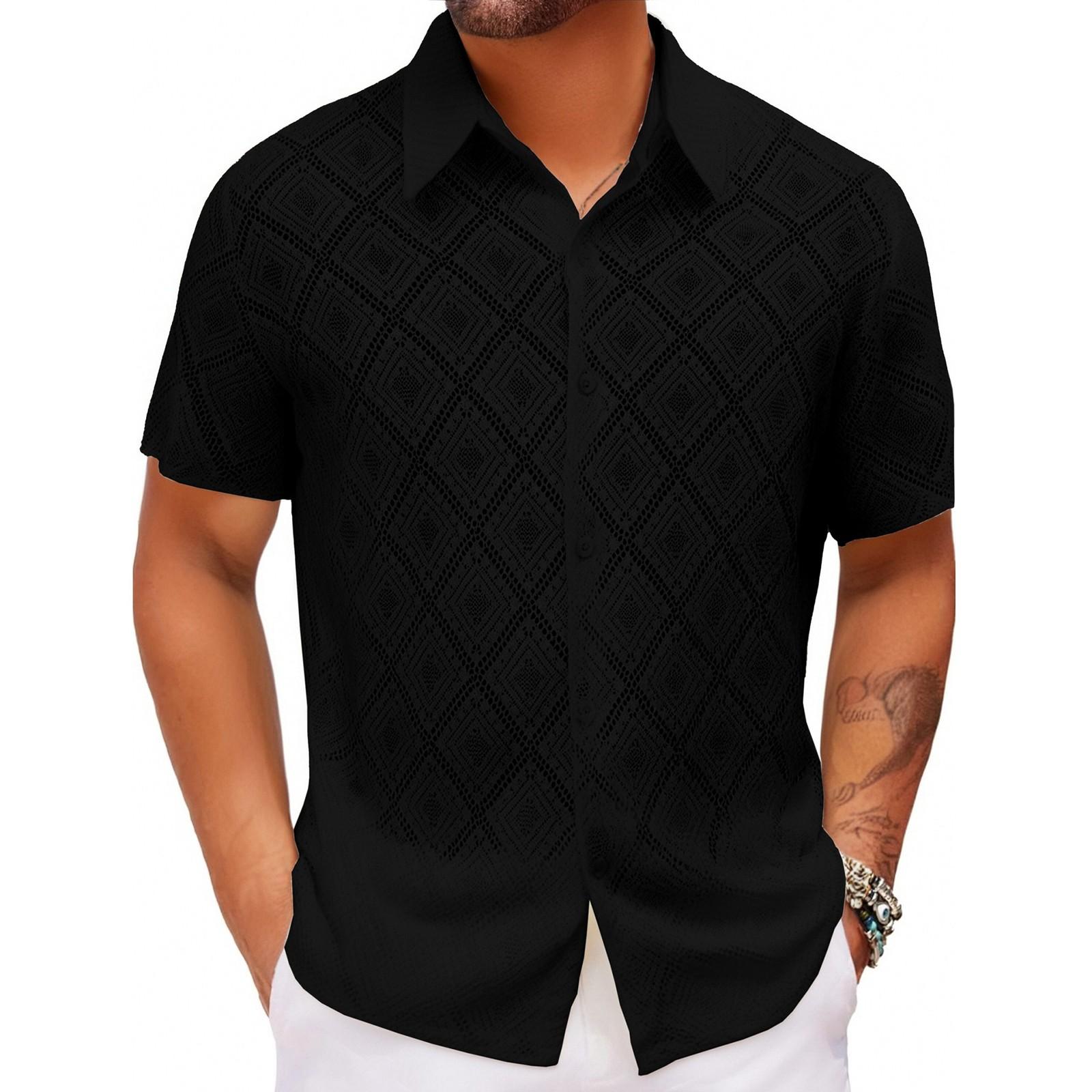 

Чоловіча літня сексуальна суцільна прохолодна порожниста дихаюча сорочка літня повсякденна в язана сорочка з короткими рукавами нагрудні сорочки XL чорний