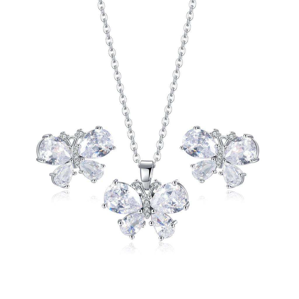 Edelstahlkette 3D Doppellagig Blaue Zirkonia Blume Anhänger Halsketten Ohrringe Zirkon Set für Damen Schlüsselbein Halsband Geschenk