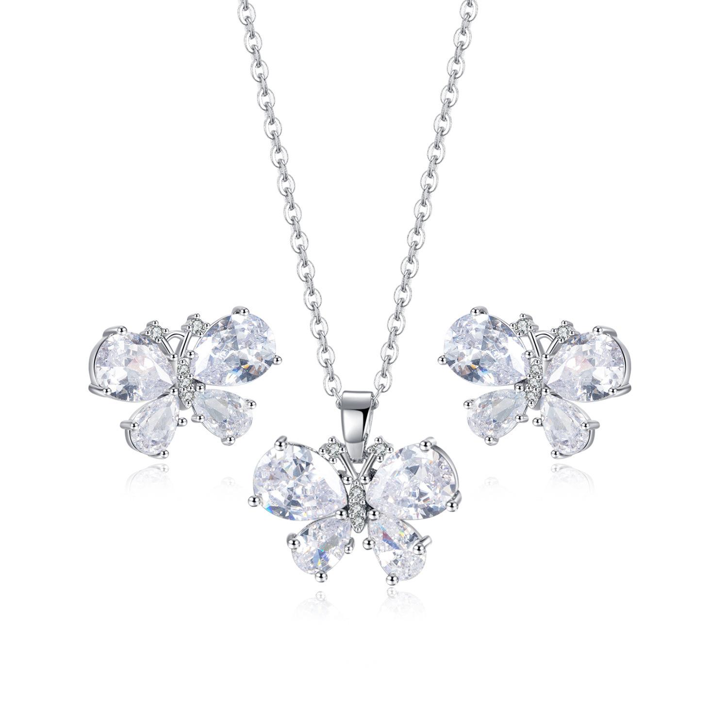 Stainless Steel Chain 3D Double Layers Blue Zircon Flower Pendant Necklaces Earring Zircon Set for Women Clavicle Collar Gift