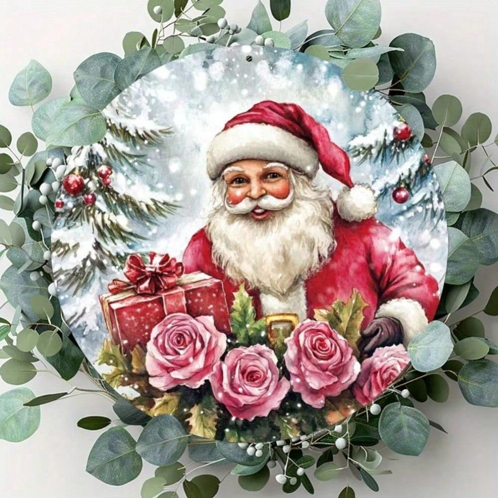 Vintage Santa Pink Roses Round Aluminum Sign 8x8 Inch Wall Decor Home Office Restaurant Holiday Gift
