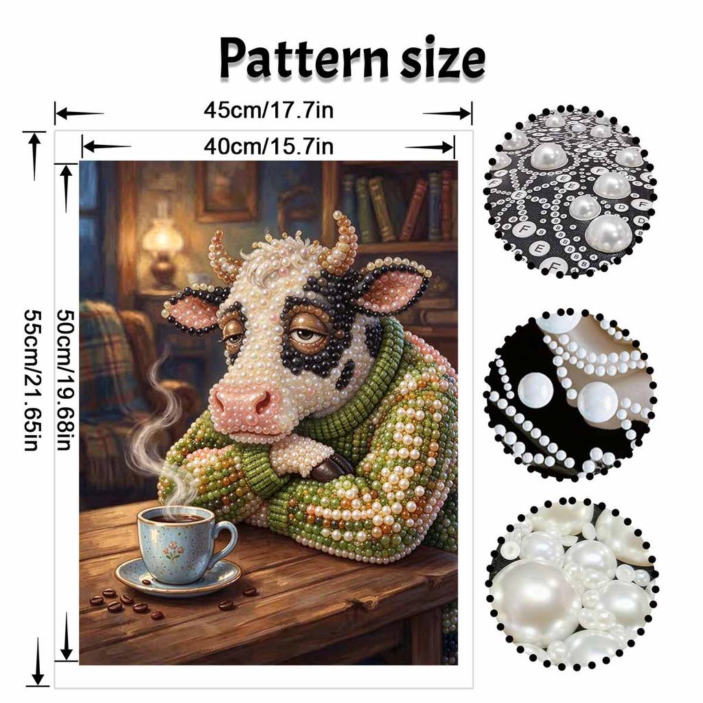 Coffee Cow Pearl Painting Kit with Frame Sparkling Bead Canvas Creative Leisure Craft for Relaxing Wall Decor Gift DIY Art Hobby Project