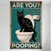 Vintage Style Metal Tin Sign, Black Cat On Toilet with Teal Brick Wall, 'ARE YOU?' 'POOPING?' Humorous Playful Decor for Home Ba