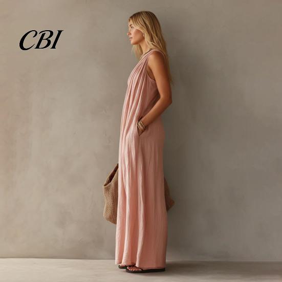 Retro Style Dress Women's Summer One Shoulder Beach Sundress, Pleated A-line Mid-length Loose Flowy Long Dress, Casual Travel Vacation Women