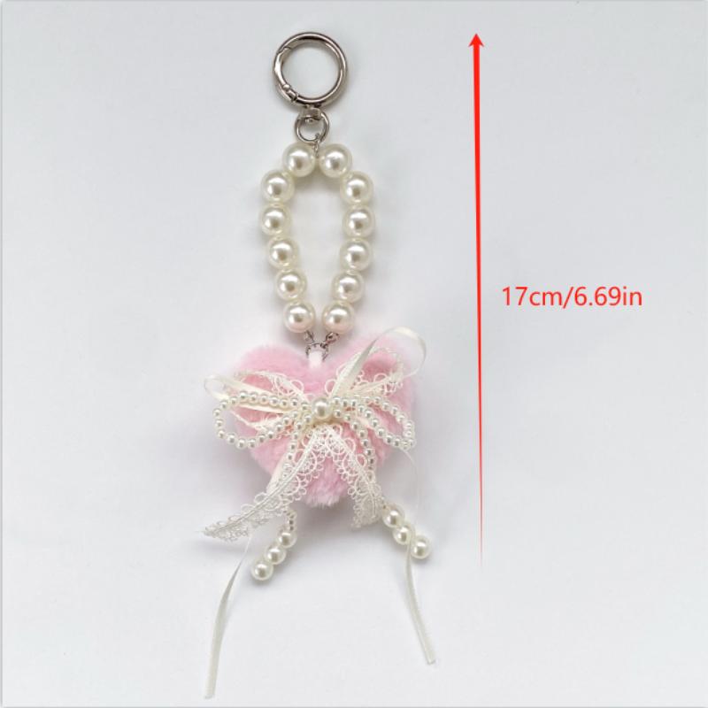 Cute Sweet Plush Heart Love Lace Bow Pearl Chain Keychain Pendants Backpack Charm Bag Hanging Ornaments Girly Phone Chain Gifts