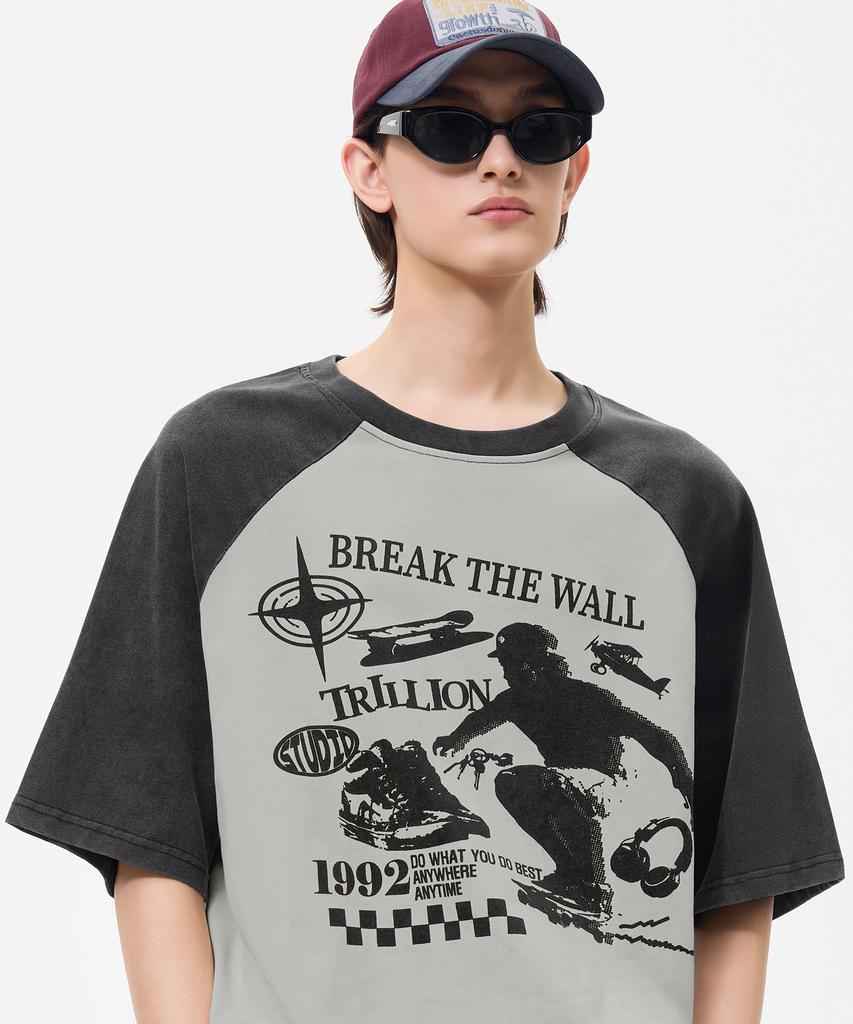 TRILLION Skateboard Pigment Graphic Raglan Short Sleeve_Charcoal