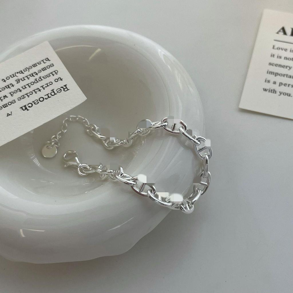 S925 Sterling Silver Minimalist Pig Nose Necklace & Bracelet Set with Industrial Clavicle Chain Design