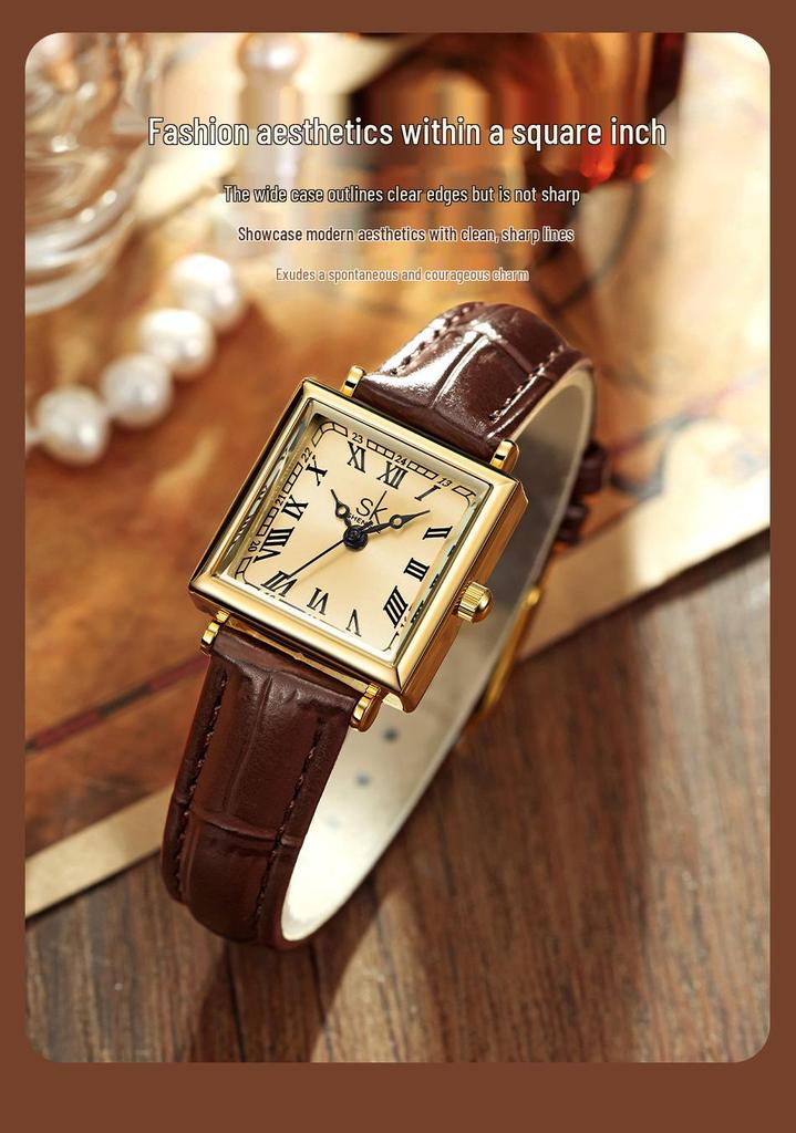 SK Women's Waterproof Quartz Leather Strap Watch - Retro Square Design for Students and Parties