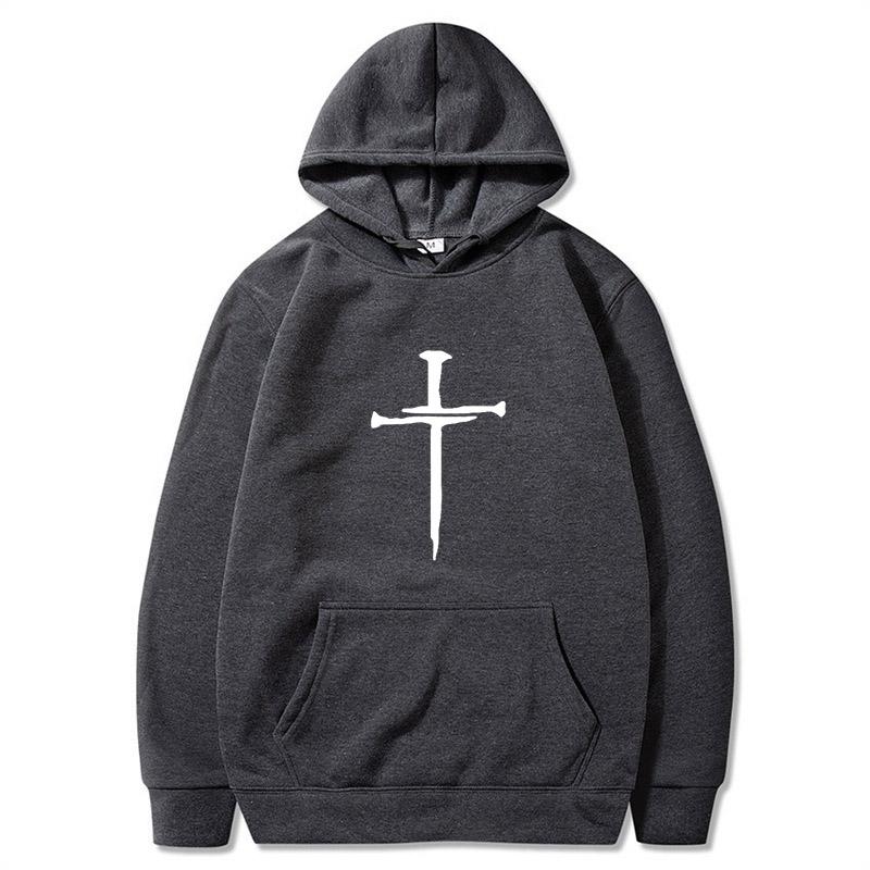 Men's Cross Graphic Hoodie - Black Casual Pullover Sweatshirt with Religious Symbol Print, Fashion Streetwear for Autumn/Winter