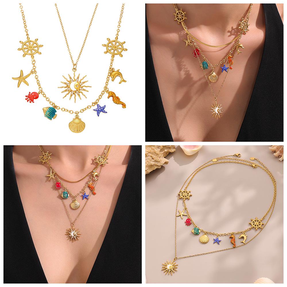 Oumayka Ocean Vacation Style Drip Oil Starfish, Seashell & Seahorse Stainless Steel Necklace