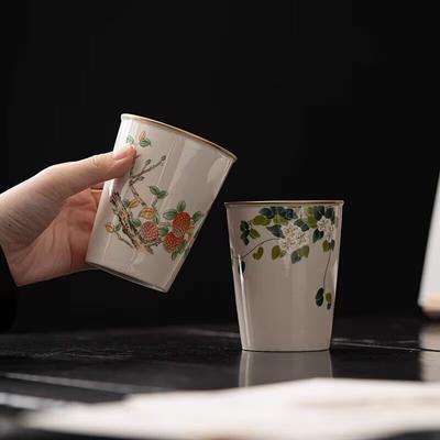 Plant Ash Ceramic Camellia Cola Cup Teacup Gold Painting Process Simple Hydrangea Flower Household Persimmon Office Water Cup