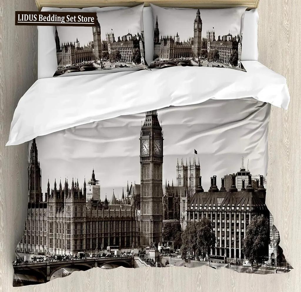 UK London Style King Queen Duvet Cover British Elements Bedding Set for Teens Adults London Bridge Big Ben Polyester Quilt Cover
