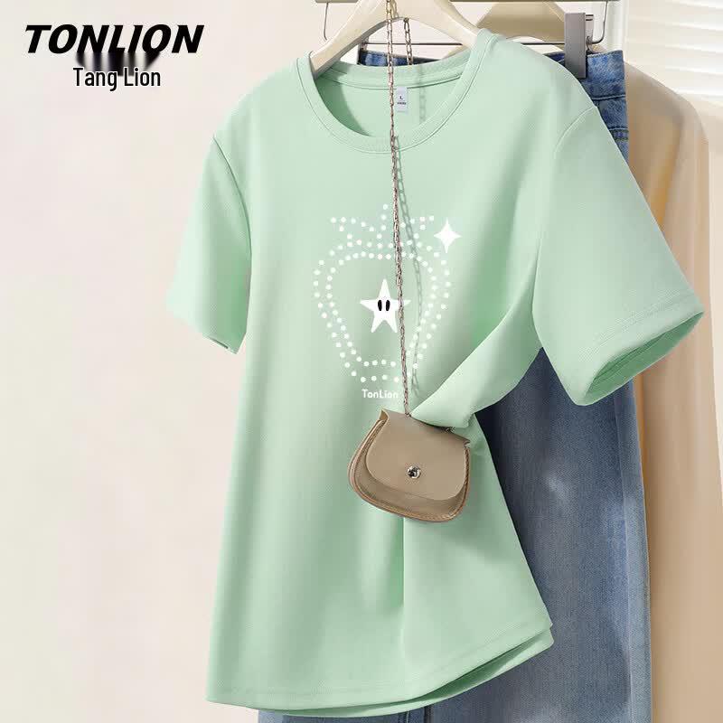 TonLion Women s Cotton Crew Neck Dotted Strawberry Print T-shirt M