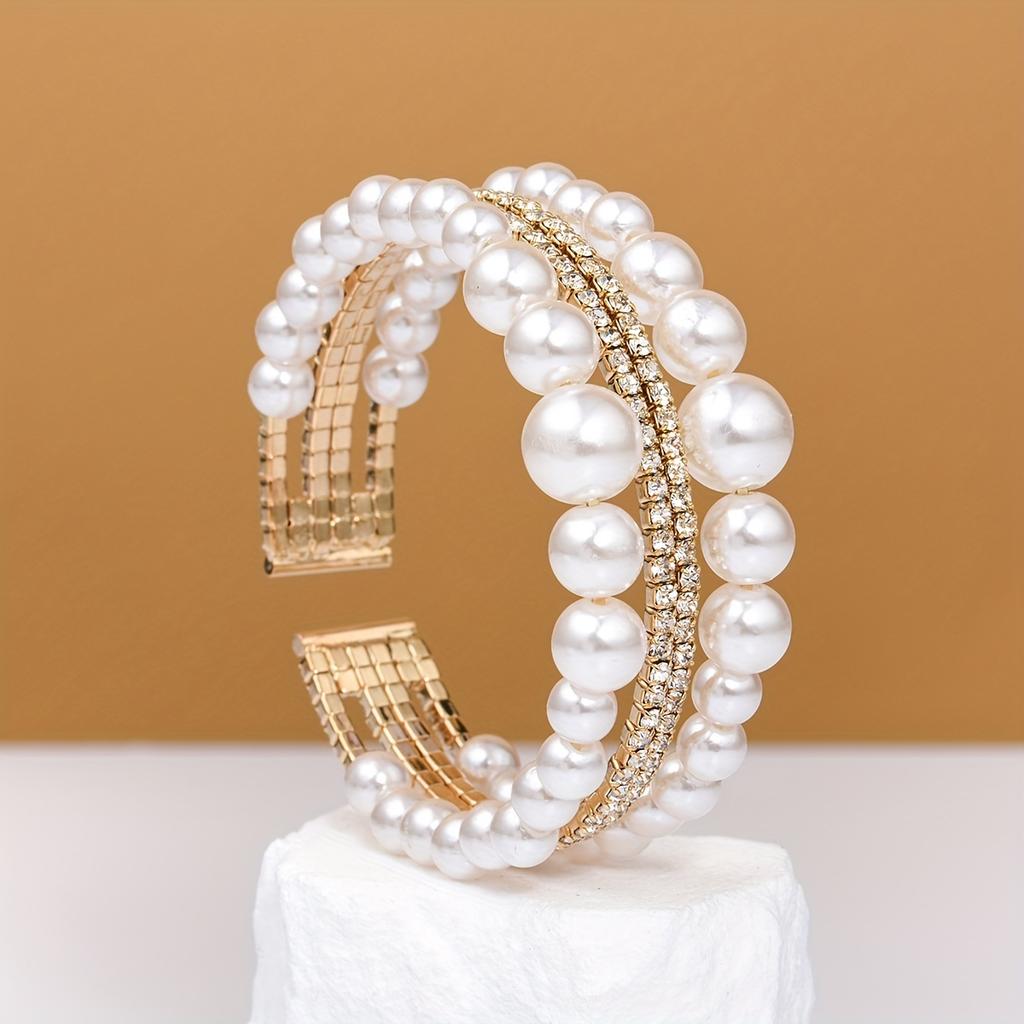 1PC Baroque Crystal Pearl Open Bracelet Gold Silver Rhinestone Multi-layer Bracelet Bridal Wedding Jewelry