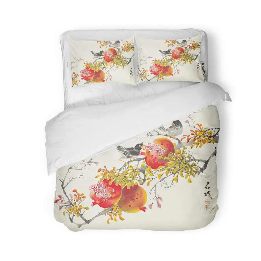 Red Plum Blossom King Queen Duvet Cover Ink Landscape Painting Bedding Set Chinese Style Quilt Cover Polyester Comforter Cover