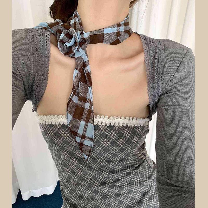 Wave Point Flower Silk Scarf Vintage Plaid Scarf Women's Spring New Collection Neck Strap Korean Small Scarf Decorative Muffler