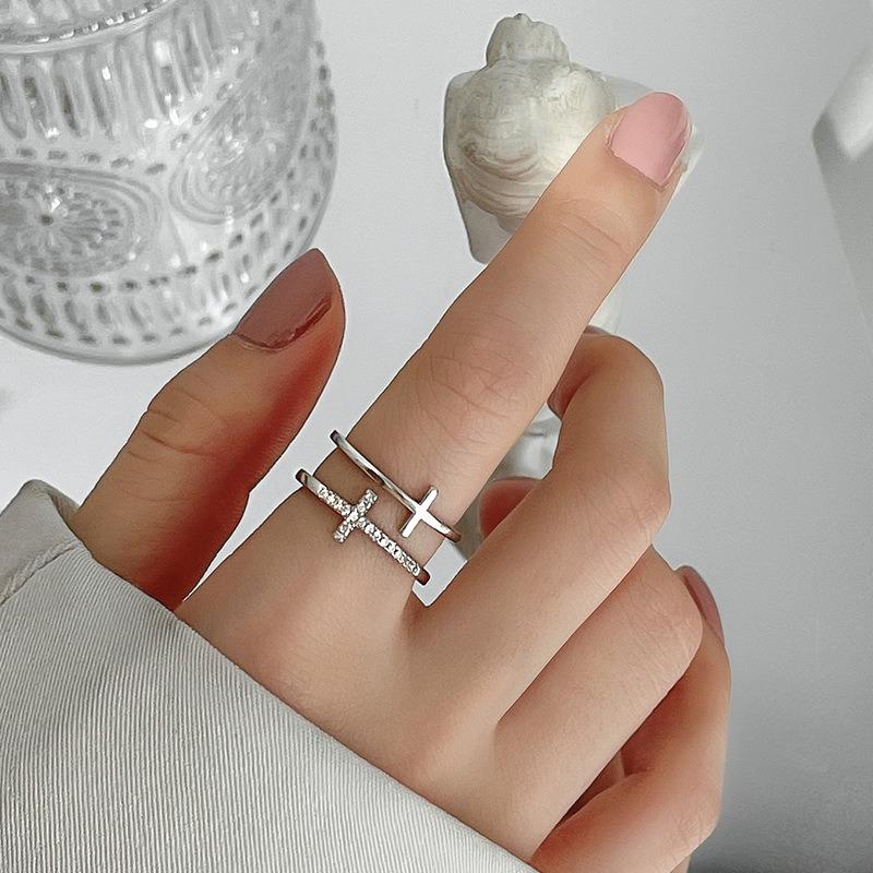 Gold Color Double Cross Flashing Zircon Open Rings for Women Student Korean Index Finger Ring 2022 Fashion Jewelry