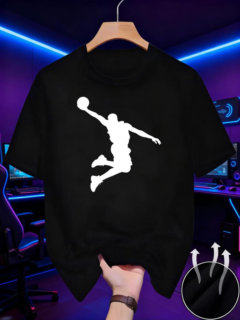 Men's Casual Athletic T-Shirt-featuring a Basketball Player Silhouette Design-perfect for Summer Sports Enthusiasts. Available in Plus Sizes., PLUS SI
