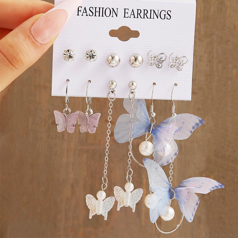 Silver Color Butterfly Earrings Set For Women Girls Vintage Pearl Circle Geometric Twist Hoop Earrings Trendy Jewelry Gifts