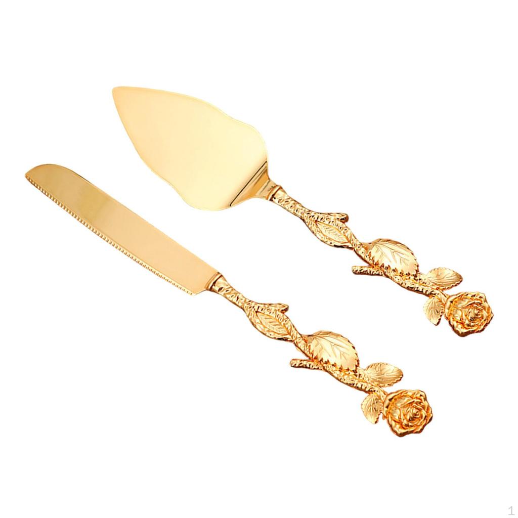 Wedding Cake Knives Server Set Elegant Rose Handle Cutting for Gifts Gold