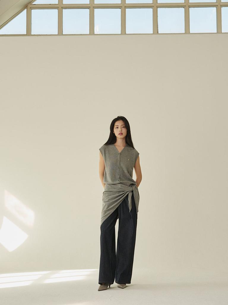 NOUVE [Set] Linen Sleeveless Cardigan + Skirt + Shawl - Melange Gray