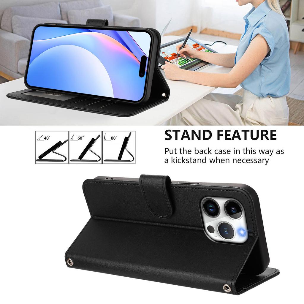 For iPhone 16 Pro Max Wallet Case RFID Blocking Calf Texture Leather Stand Phone Cover with Strap
