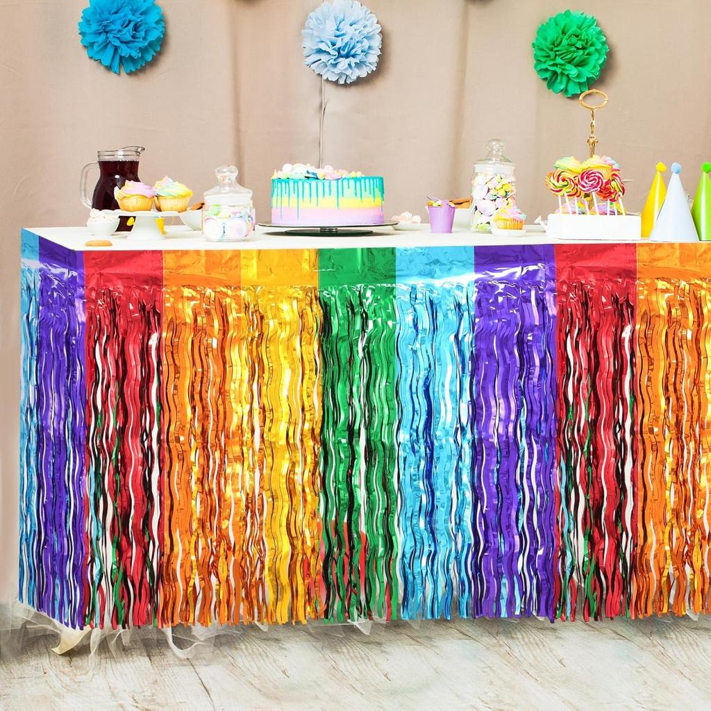2 Pack Foil Table Skirts Fringe Table Banner Decorations, Rectangle Round Tables Curta Streamer Backdrop for Birthday Baby Shower Wedding Engagement