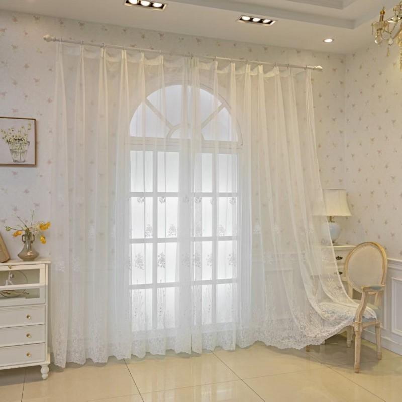 White Sheer Lace Curtain With Embroidery Beading Semi-Sheer Living Room Bedroom Window Drapery