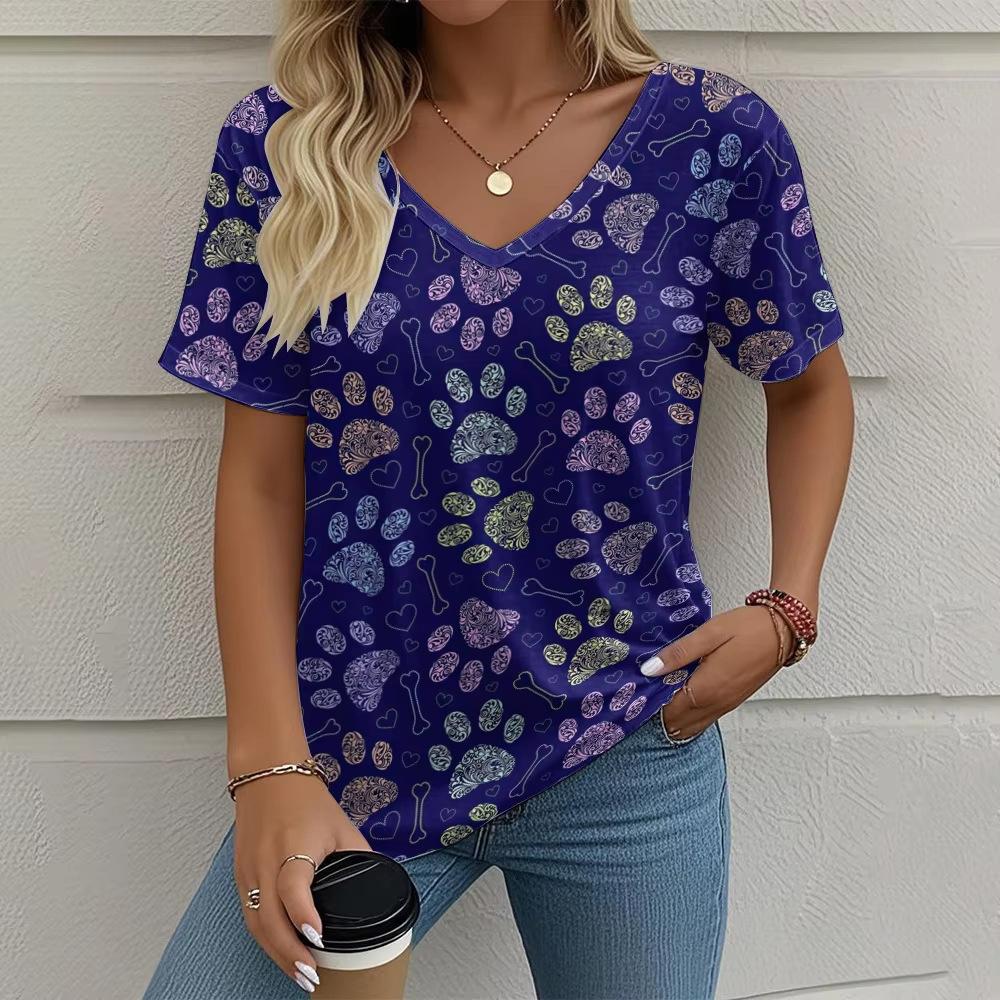 Summer V-neck 3D Printed Cat's Paw Pattern Top Fashionable Casual Short Sleeved Women's T-shirts