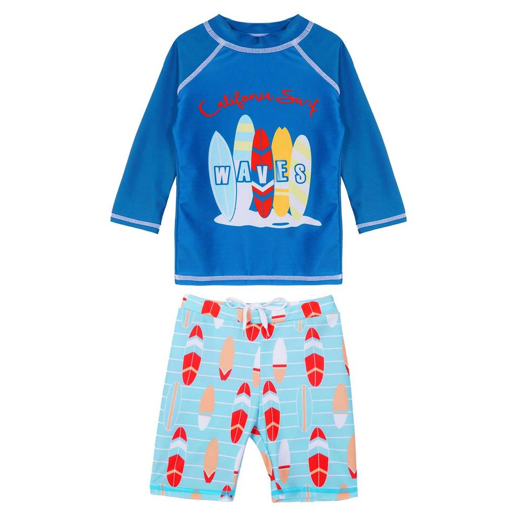 Ensemble de bain pour garçon imprimé requin Manches longues Haut requin dessin animé Short de bain assorti Tenue de plage pour la natation