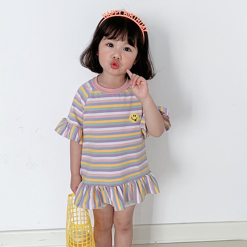 2025 Summer Korean Style Ruffle Sleeve Dress for Girls - Short Sleeve Striped Skirt