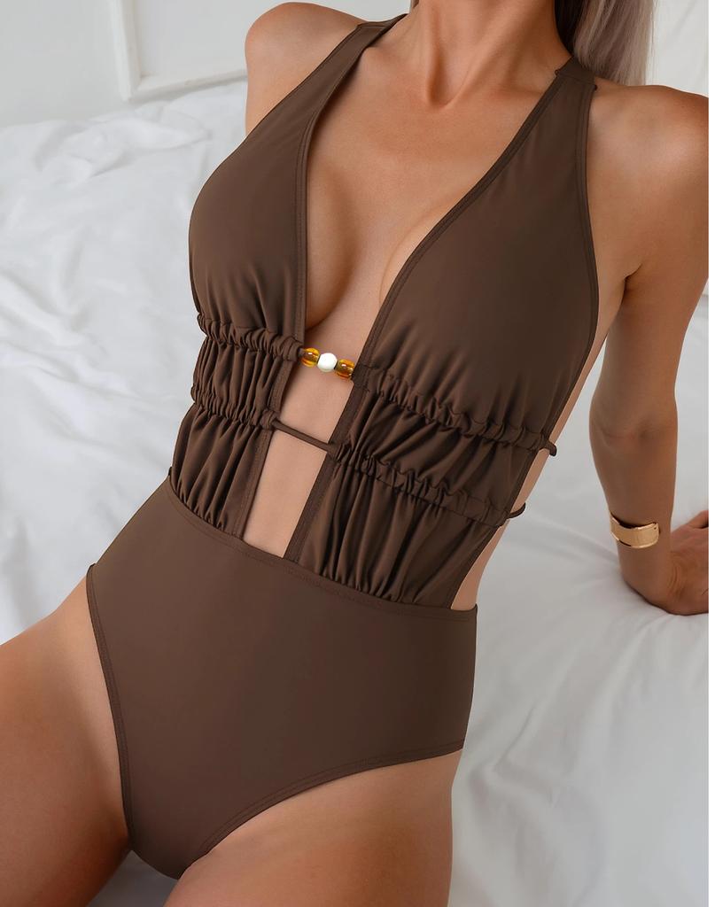 Women's Swimsuit Sexy Solid Color Halter Neck Strappy One-piece Swimsuit Bikini Beachwear
