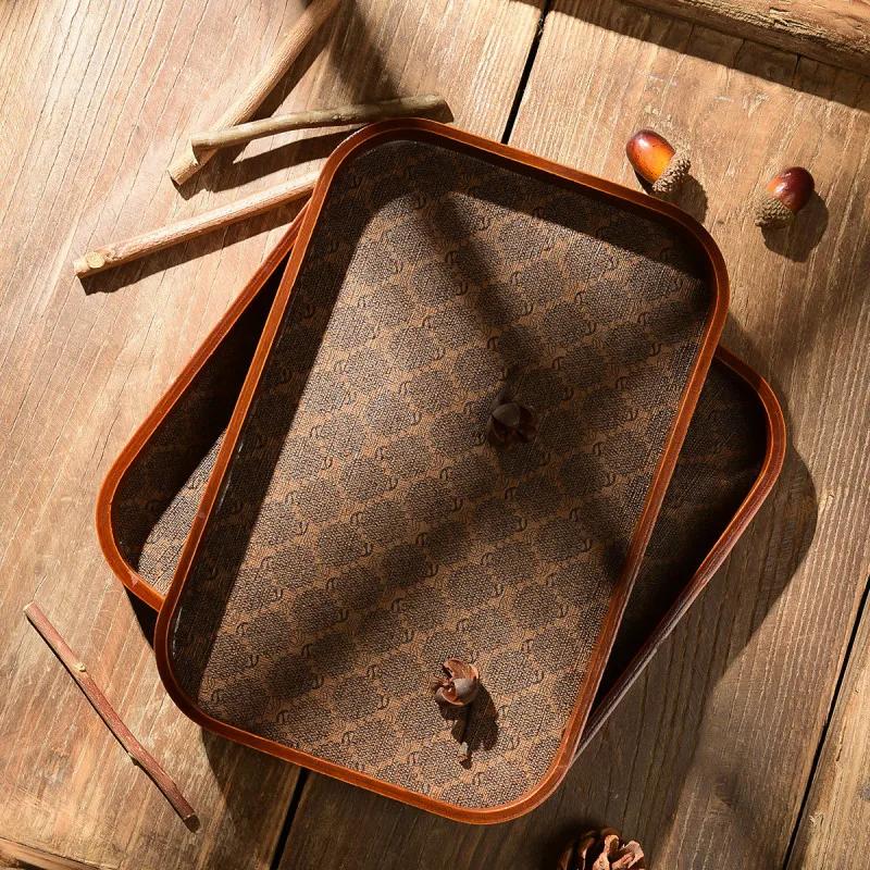 Light Luxury Leather Chinese Tea Tray, Retro Desktop Jewelry Ornament Key, Entrance Storage, High-end Wooden Tray