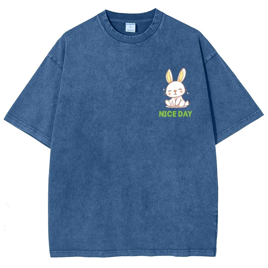 Cute Cartoon Rabbit Print T-shirt Loose Water Wash Vintage Short Sleeve Men's and Women's Casual Fashion Summer Top