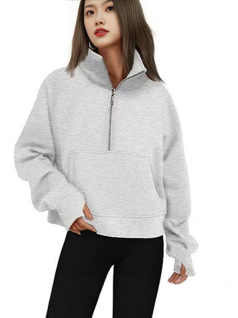 Women's Autumn/Winter Solid Color Half-Zip Cropped Hoodie - European & American Style