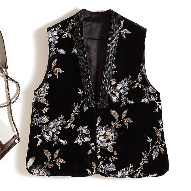 

Love Is Miserable! Forest Element Sense Women 2025 New V-neck Heavy Industry Embroidery Beads Outerwear Flash Gold Velvet Vest Black L