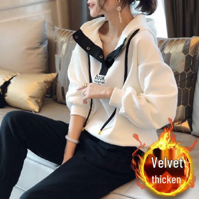 

Autumn Winter Plus Velvet Casual Hooded Sweatshirt and Pants Women s Two-Piece Set L білий