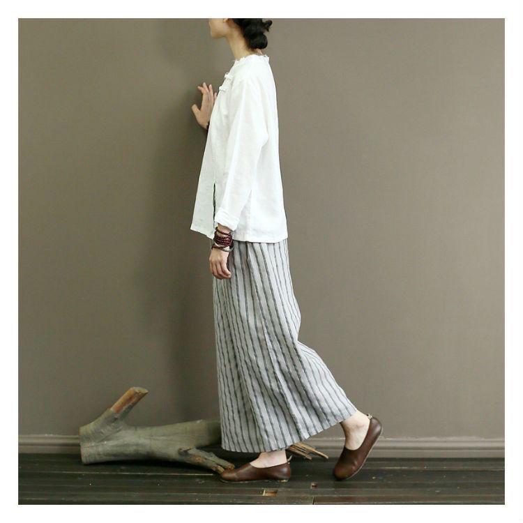 2023 Retro Cotton Linen Striped Wide-Leg Women's Slimming Cropped Pants - Japanese Style Summer Casual Wear