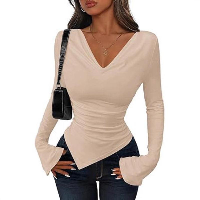 Autumn and Winter Women's Solid Color Long-sleeved Asymmetrical Top T-shirt Fashionable and Comfortable
