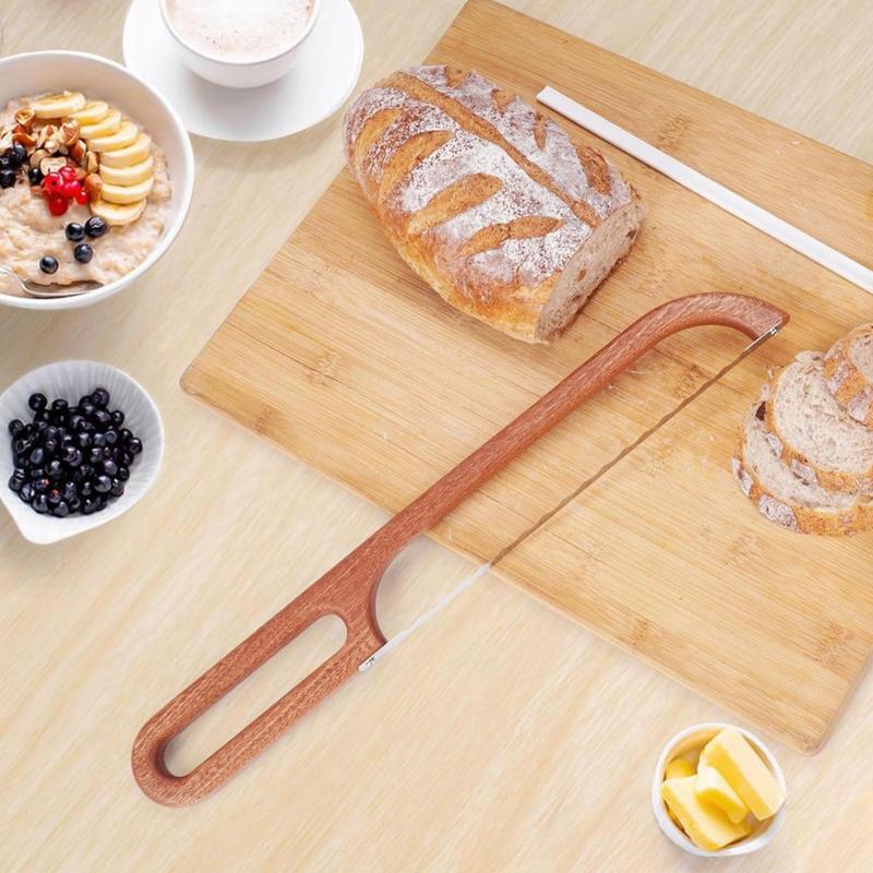 Bread Bow Cutter Serrated Bagel Cutter Stainless Steel Sourdough Bread Slicer Portable Bread Cutting Tool with wooden Handle
