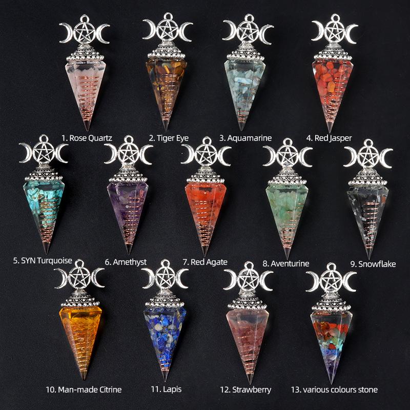 1690 Three-Phase Moon Seven Chakra Stone Resin Hexagonal Crystal Pendant Pendulum Cross-Border Jewelry