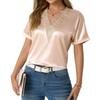 Women's V-Neck Satin Pullover T-Shirt | Solid Color Lace Patchwork Loose Short-Sleeve Top