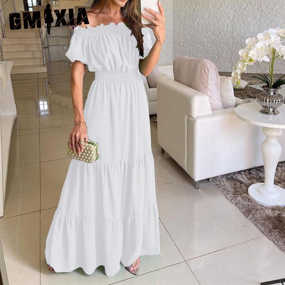 GMXIA Długa sukienka z odkrytymi plecami i elastyczną talią Popularny styl bohemy z odkrytymi ramionami