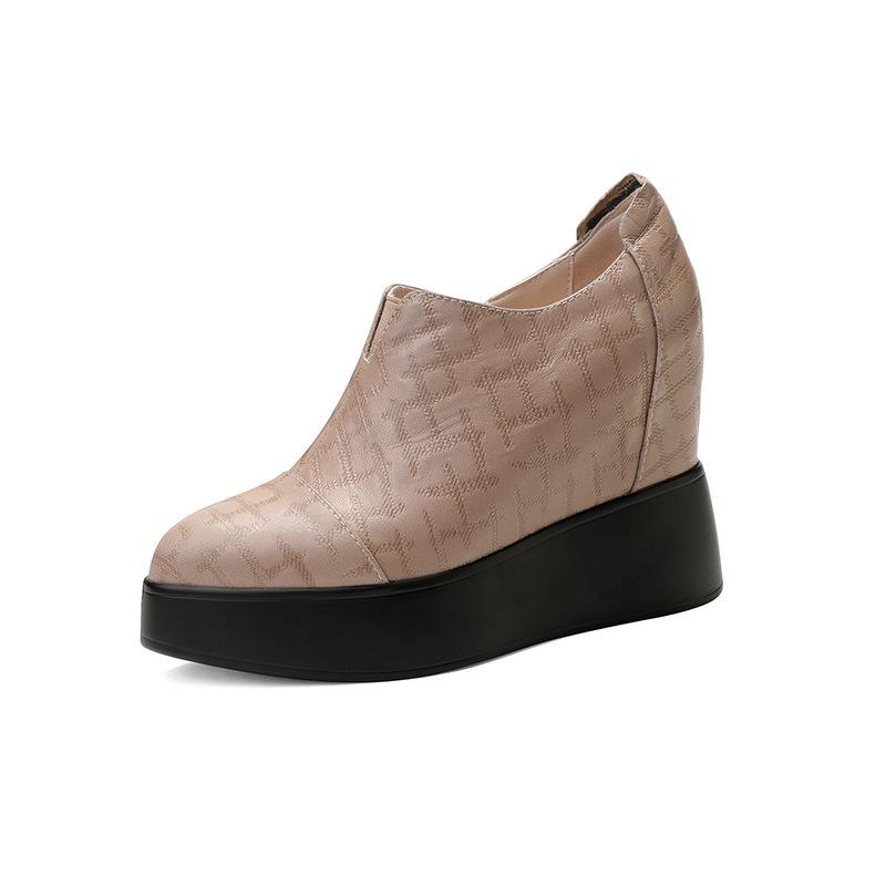 Genuine leather 10cm inner height increase single shoes 2025 new waterproof table splicing embossed sheepskin versatile comfortable deep mouth singl