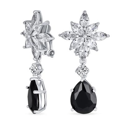 Bridal Art Deco Style Cluster Flower AAA CZ Black White Statement Hanging Teardrop Chandelier Clip Earrings for Women Simulated Onyx Silver Plated