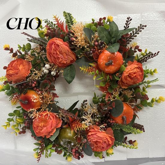 Hortensia Pioenroos Sling Herfst Pompoen Krans Kunsttak Vintage Bloemen Lente En Zomer Set Seizoensgebonden Deurhanger voor Thanksgiving Oogst Decoratie
